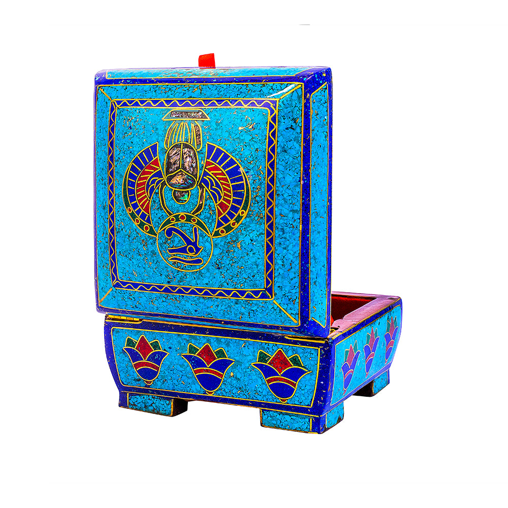 Egyptian pharonic jewelry box inlaid with jemstones lapis lazuli,turquoise,coral,Malachite,blue mother of pearl and brass made in egypt