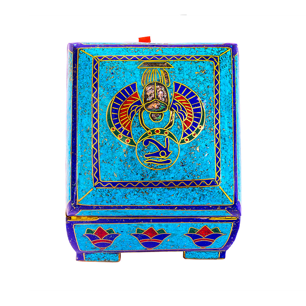 Egyptian pharonic jewelry box inlaid with jemstones lapis lazuli,turquoise,coral,Malachite,blue mother of pearl and brass made in egypt
