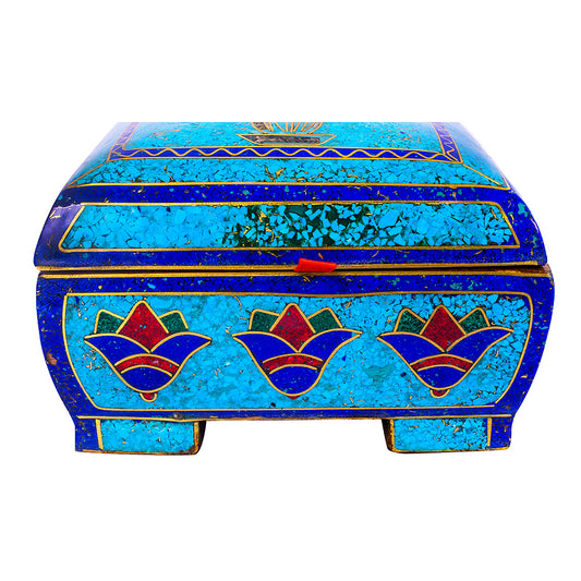 Egyptian pharonic jewelry box inlaid with jemstones lapis lazuli,turquoise,coral,Malachite,blue mother of pearl and brass made in egypt