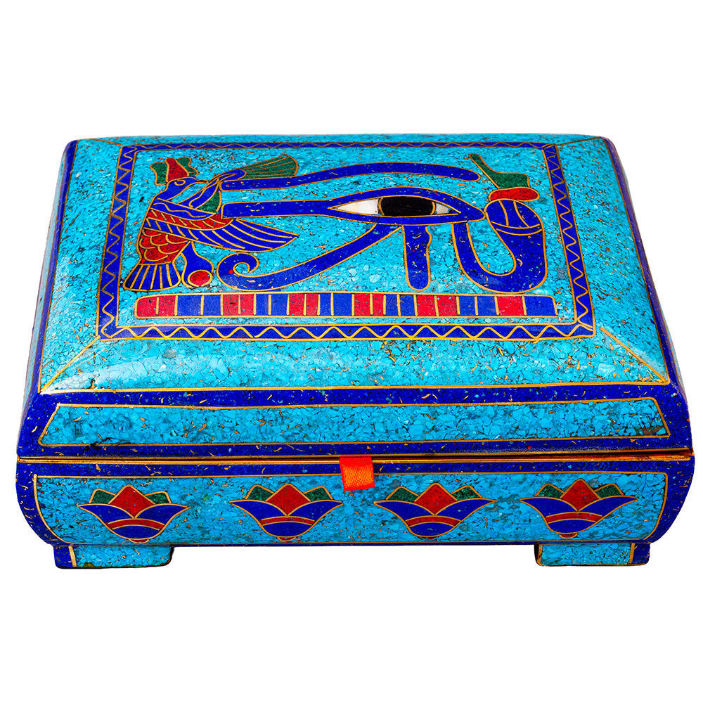 Egyptian pharonic jewelry box inlaid with jemstones lapis lazuli,turquoise,coral,Malachite,blue mother of pearl and brass made in egypt