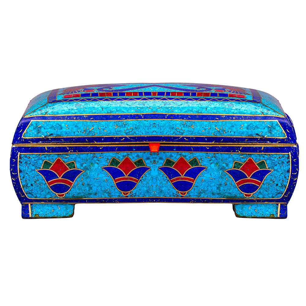 Egyptian pharonic jewelry box inlaid with jemstones lapis lazuli,turquoise,coral,Malachite,blue mother of pearl and brass made in egypt