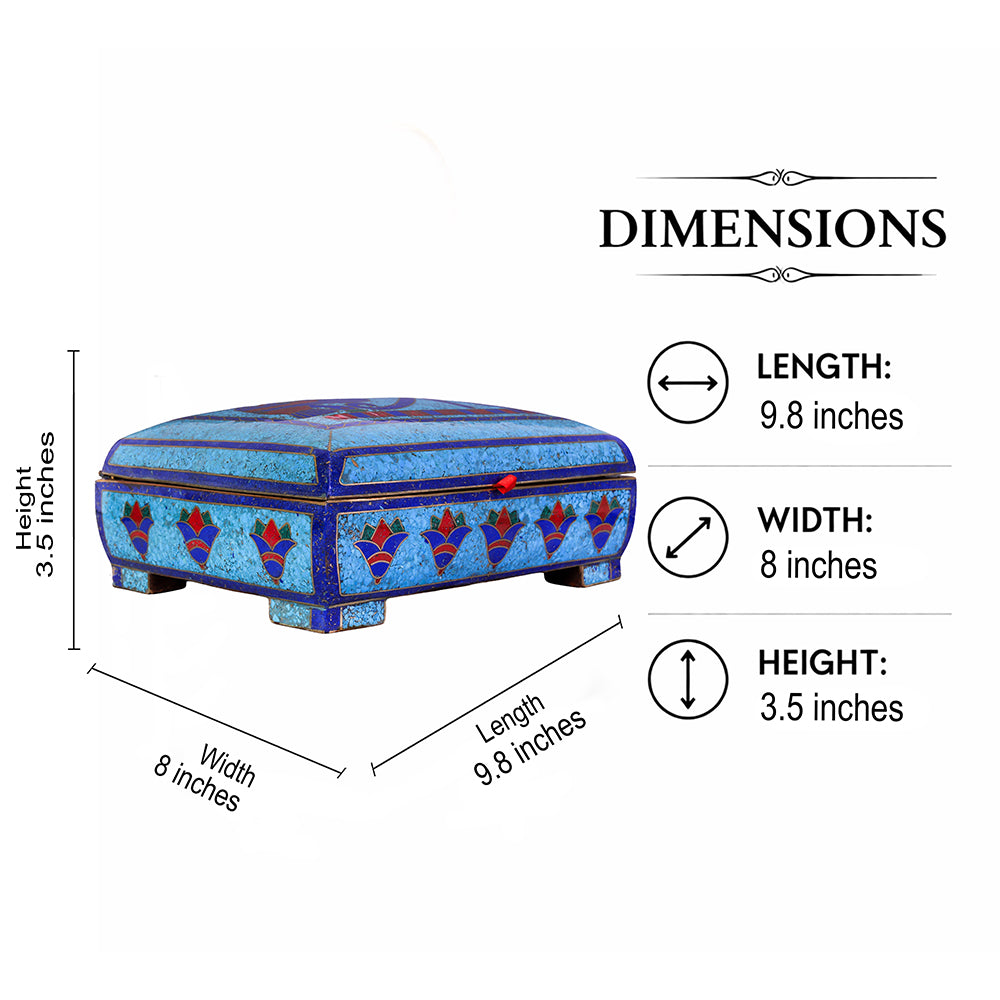 Egyptian pharonic jewelry box inlaid with jemstones lapis lazuli,turquoise,coral,Malachite,blue mother of pearl and brass made in egypt