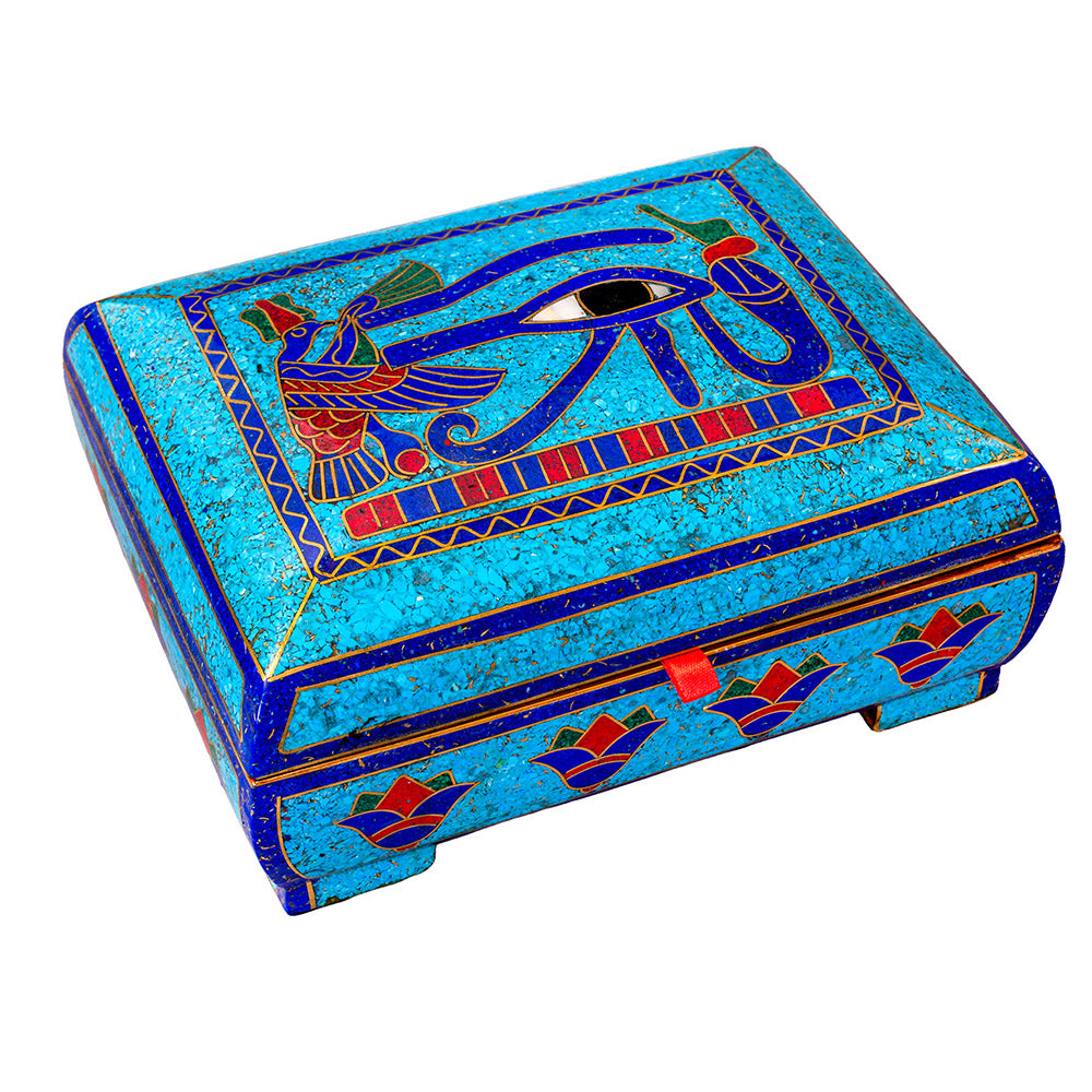 Egyptian pharonic jewelry box inlaid with jemstones lapis lazuli,turquoise,coral,Malachite,blue mother of pearl and brass made in egypt