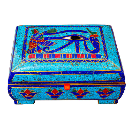 Egyptian pharonic jewelry box inlaid with jemstones lapis lazuli,turquoise,coral,Malachite,blue mother of pearl and brass made in egypt
