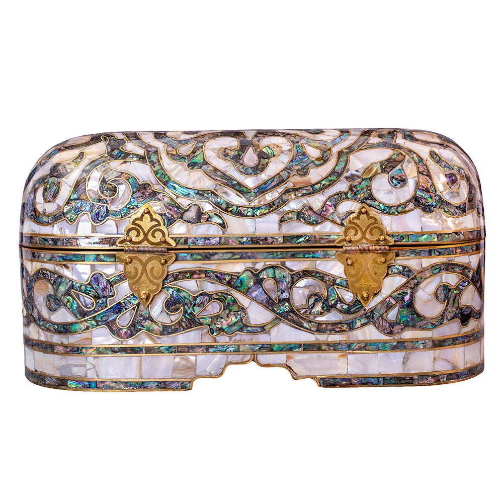 Egyptian jewelry box inlaid with mother of pearl and Brass