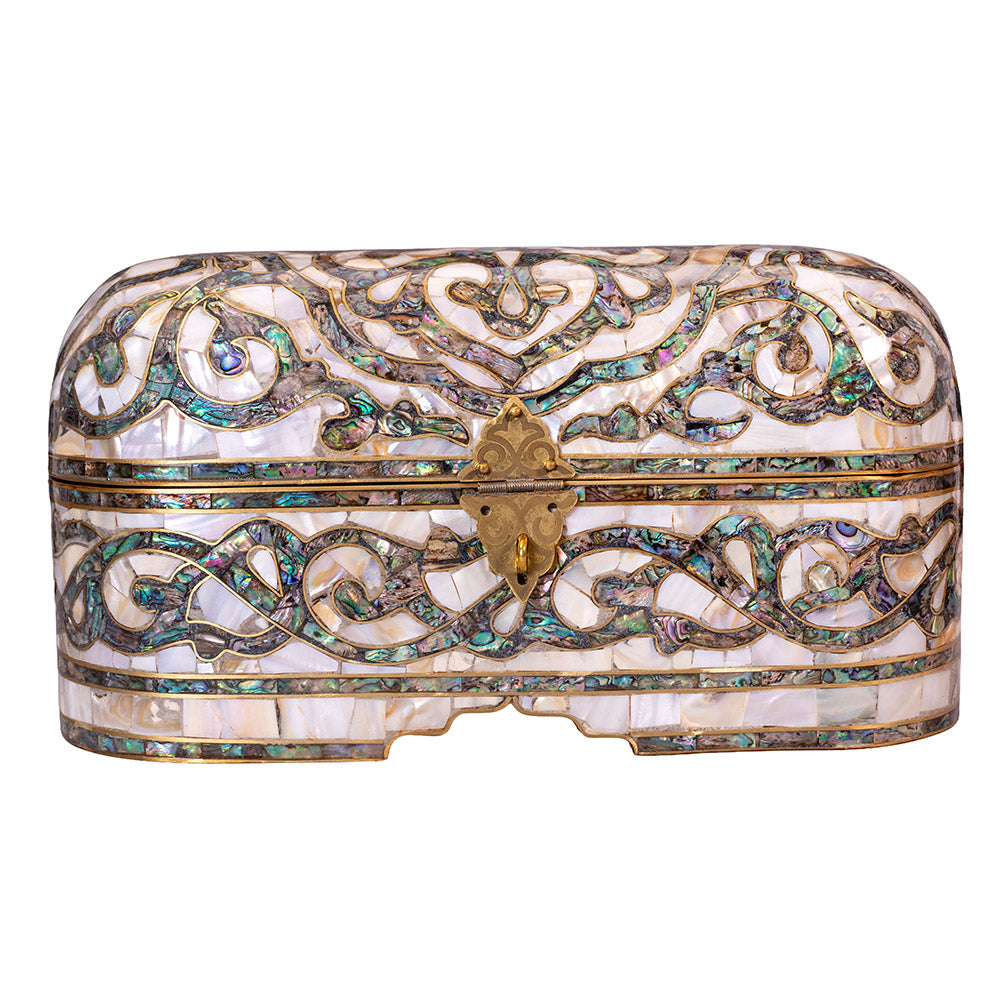 Egyptian jewelry box inlaid with mother of pearl and Brass
