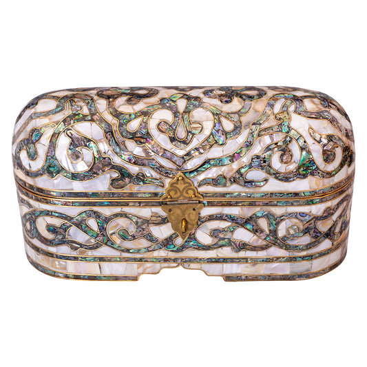 Egyptian jewelry box inlaid with mother of pearl and Brass