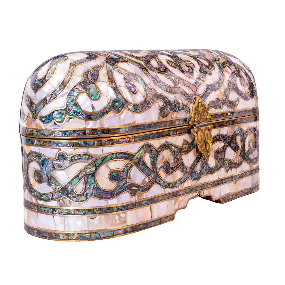 Egyptian jewelry box inlaid with mother of pearl and Brass