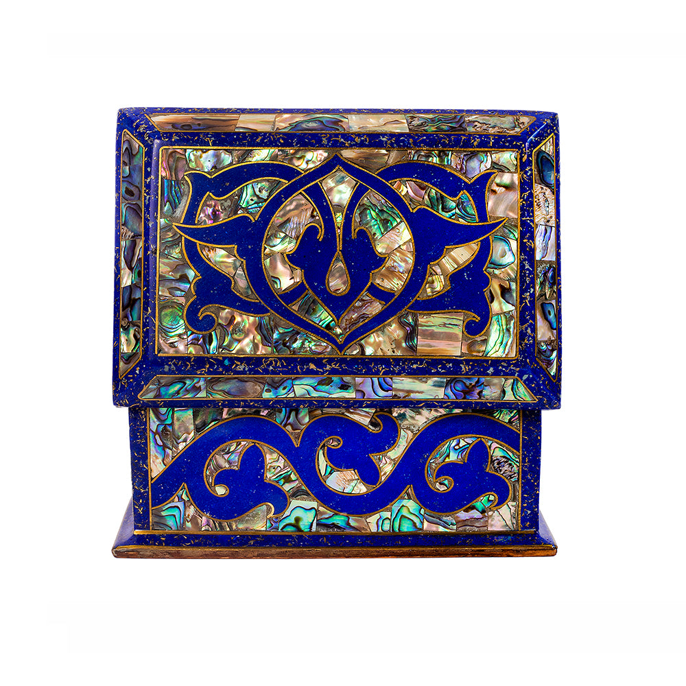 Egyptian jewelry box inlaid with jemstones lapis lazuli, blue mother of pearl  and brass made in egypt