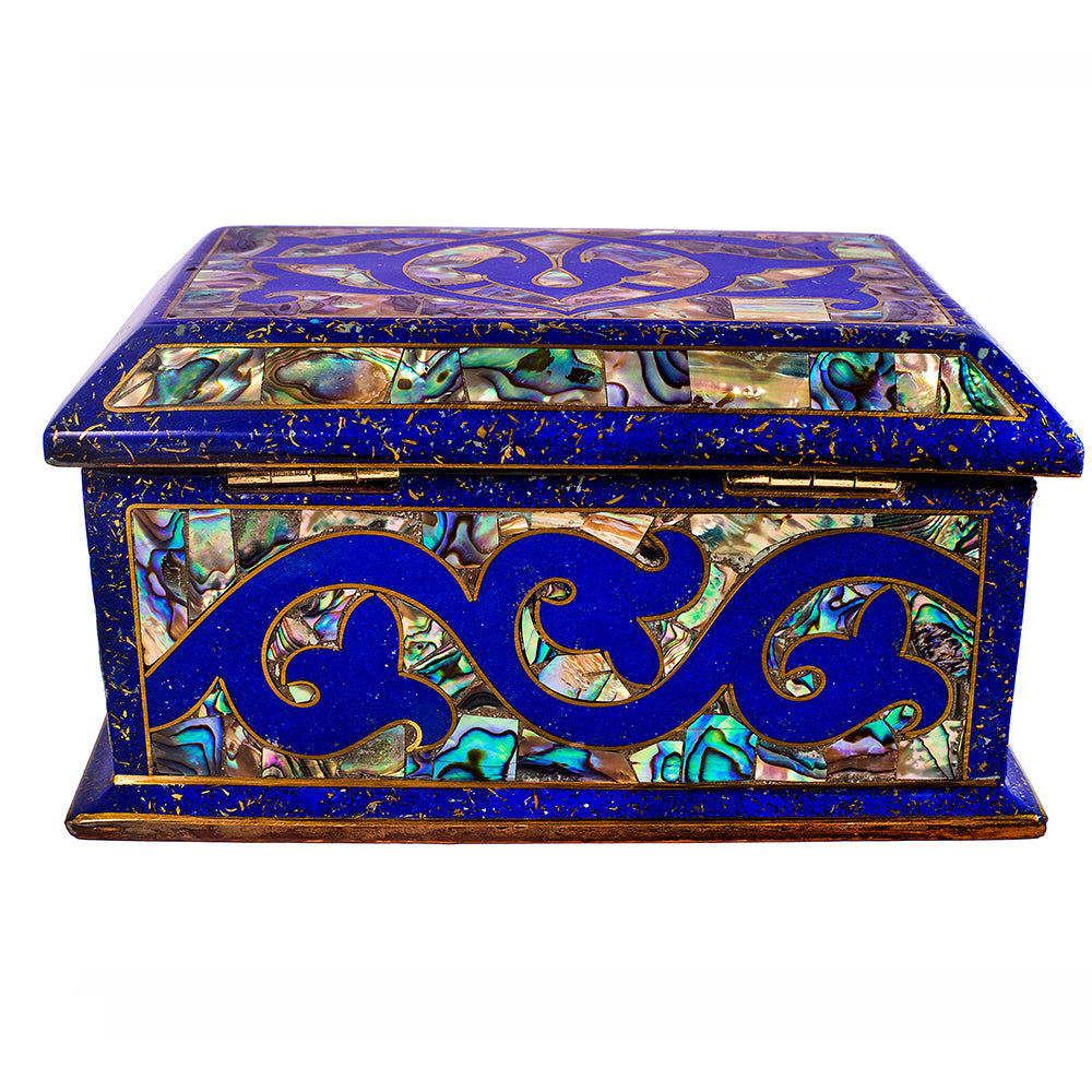 Egyptian jewelry box inlaid with jemstones lapis lazuli, blue mother of pearl  and brass made in egypt