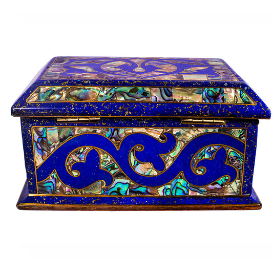 Egyptian jewelry box inlaid with jemstones lapis lazuli, blue mother of pearl  and brass made in egypt