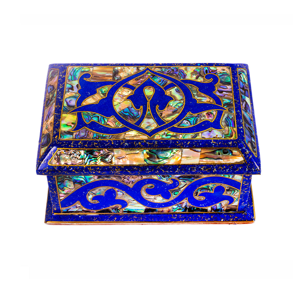 Egyptian jewelry box inlaid with jemstones lapis lazuli, blue mother of pearl  and brass made in egypt