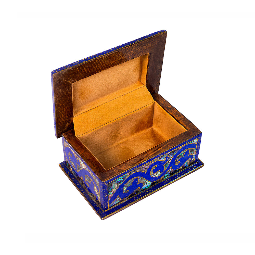 Egyptian jewelry box inlaid with jemstones lapis lazuli, blue mother of pearl  and brass made in egypt