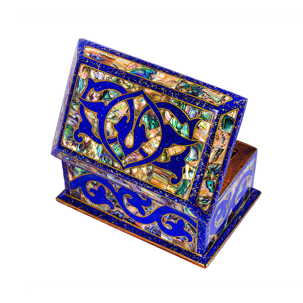 Egyptian jewelry box inlaid with jemstones lapis lazuli, blue mother of pearl  and brass made in egypt