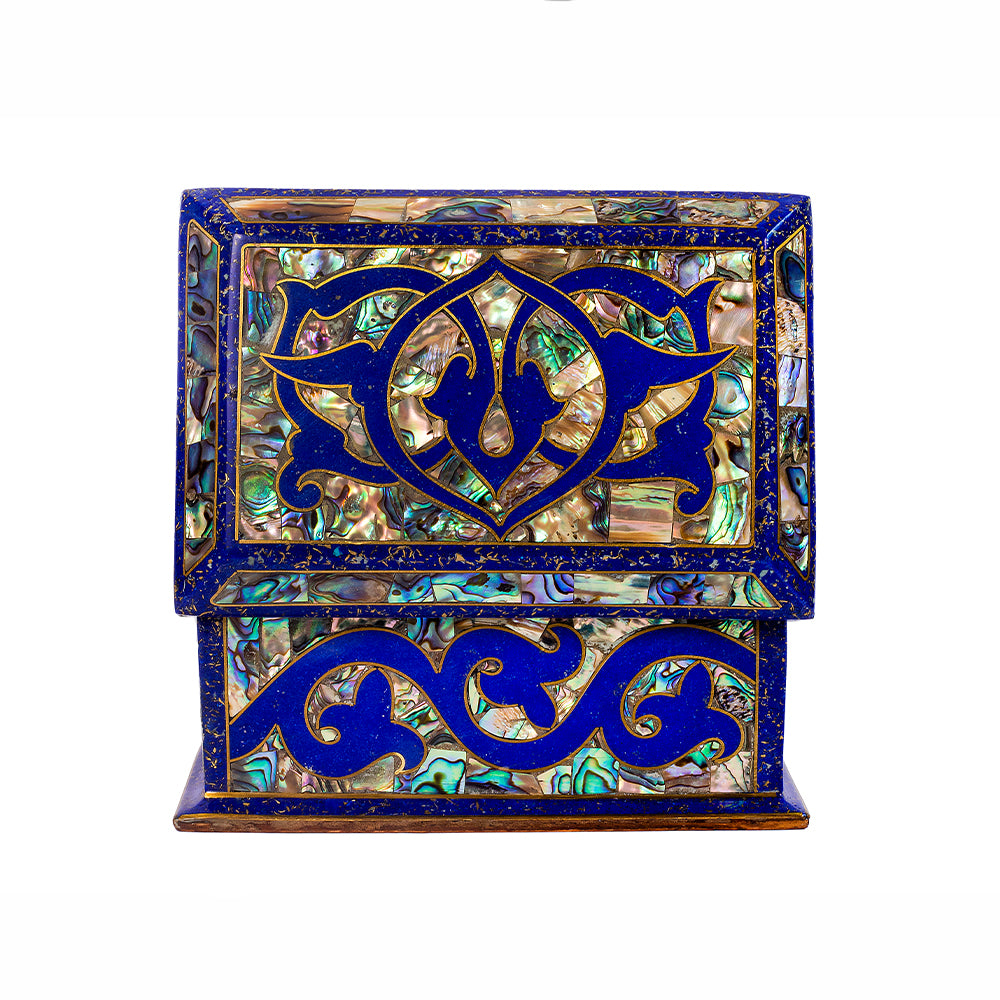 Egyptian jewelry box inlaid with jemstones lapis lazuli, blue mother of pearl  and brass made in egypt