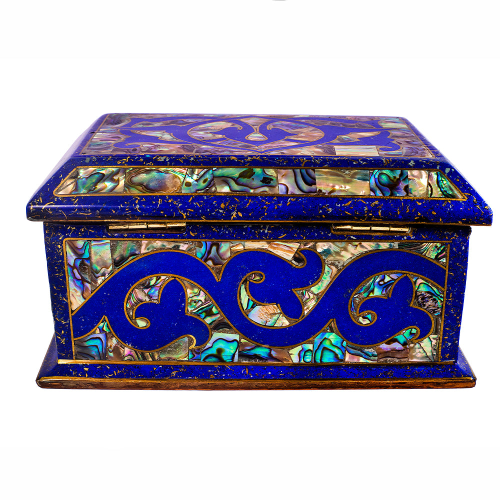 Egyptian jewelry box inlaid with jemstones lapis lazuli, blue mother of pearl  and brass made in egypt