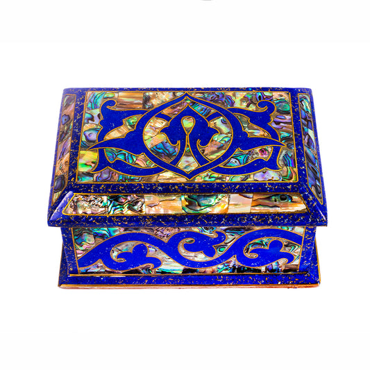Egyptian jewelry box inlaid with jemstones lapis lazuli, blue mother of pearl  and brass made in egypt