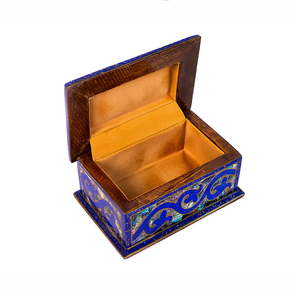 Egyptian jewelry box inlaid with jemstones lapis lazuli, blue mother of pearl  and brass made in egypt