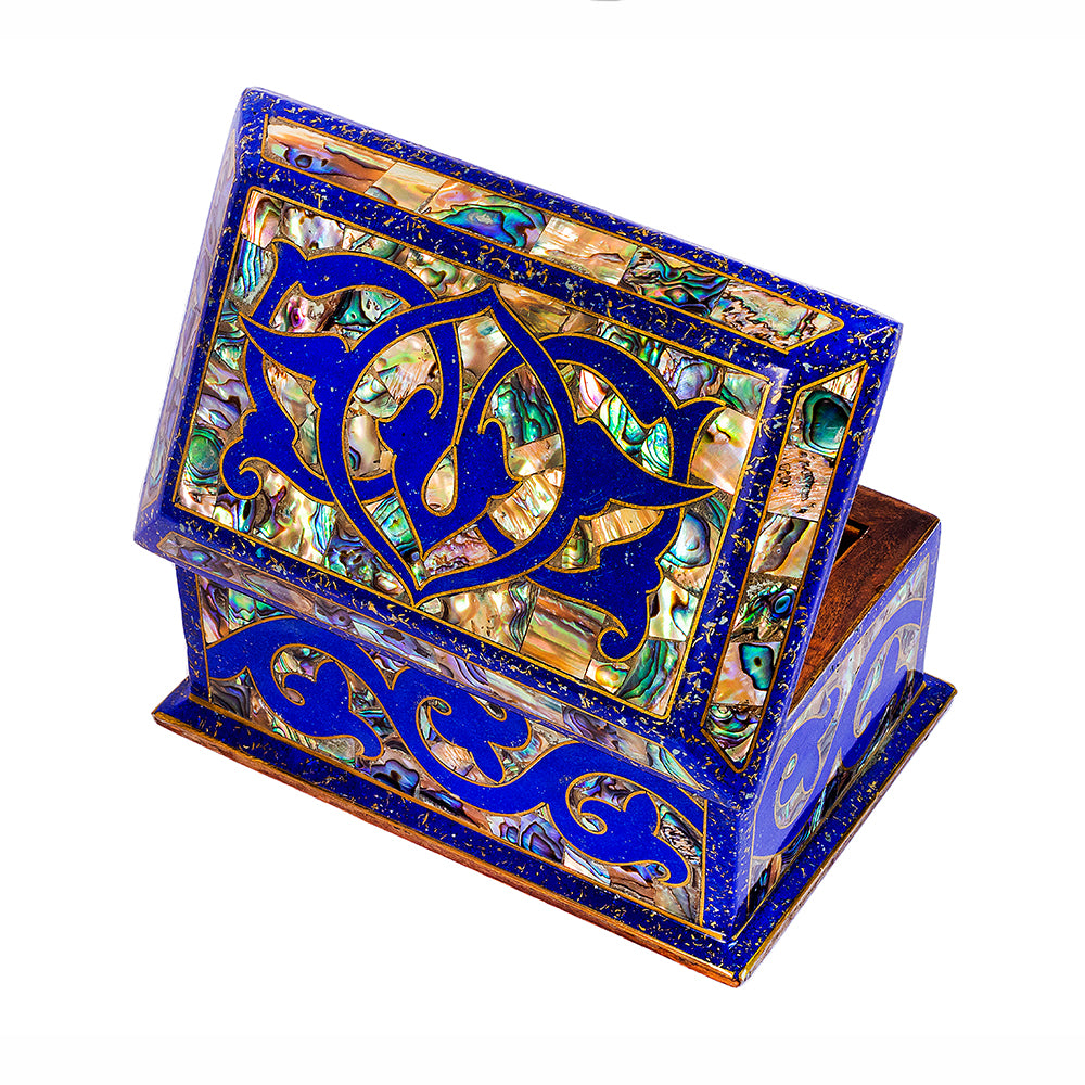 Egyptian jewelry box inlaid with jemstones lapis lazuli, blue mother of pearl  and brass made in egypt