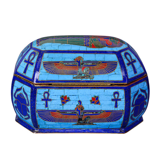 Egyptian pharonic jewelry box inlaid with jemstones lapis lazuli,turquoise,coral,Malachite,blue mother of pearl and brass made in egypt