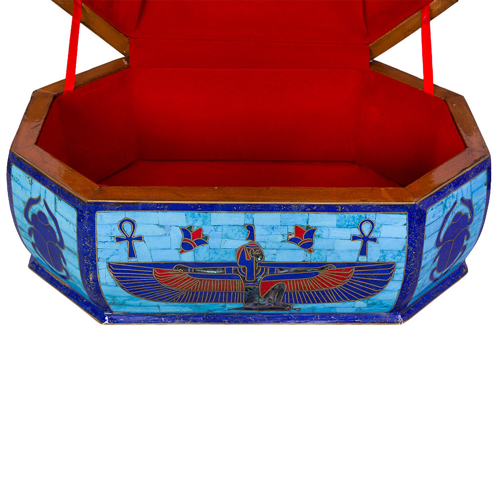 Egyptian pharonic jewelry box inlaid with jemstones lapis lazuli,turquoise,coral,Malachite,blue mother of pearl and brass made in egypt