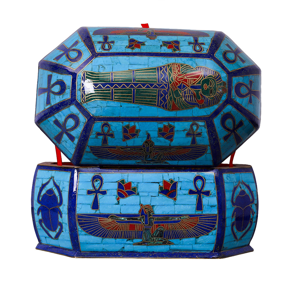 Egyptian pharonic jewelry box inlaid with jemstones lapis lazuli,turquoise,coral,Malachite,blue mother of pearl and brass made in egypt