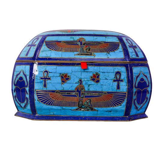 Egyptian pharonic jewelry box inlaid with jemstones lapis lazuli,turquoise,coral,Malachite,blue mother of pearl and brass made in egypt
