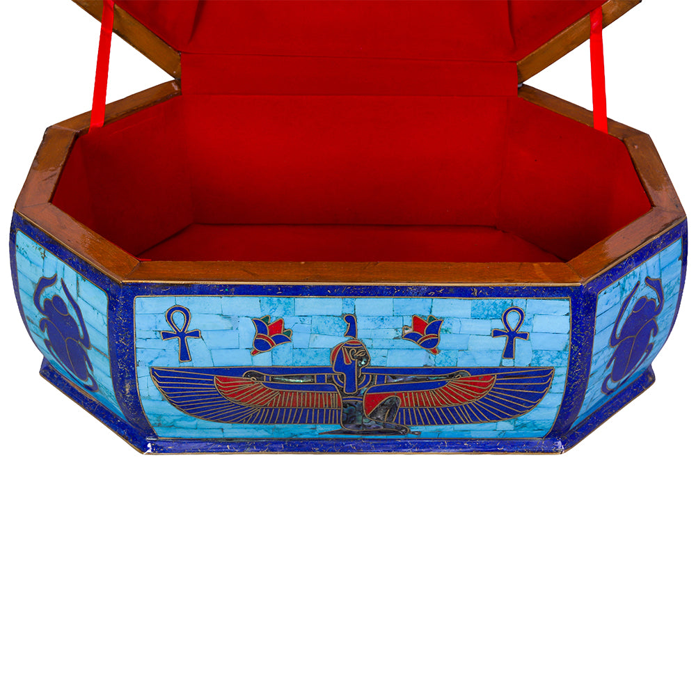 Egyptian pharonic jewelry box inlaid with jemstones lapis lazuli,turquoise,coral,Malachite,blue mother of pearl and brass made in egypt
