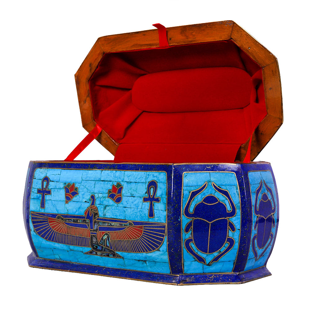 Egyptian pharonic jewelry box inlaid with jemstones lapis lazuli,turquoise,coral,Malachite,blue mother of pearl and brass made in egypt