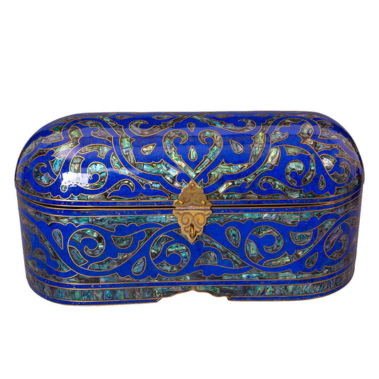 Egyptian jewelry box inlaid with jemstones lapis lazuli, blue mother of pearl  and brass made in egypt