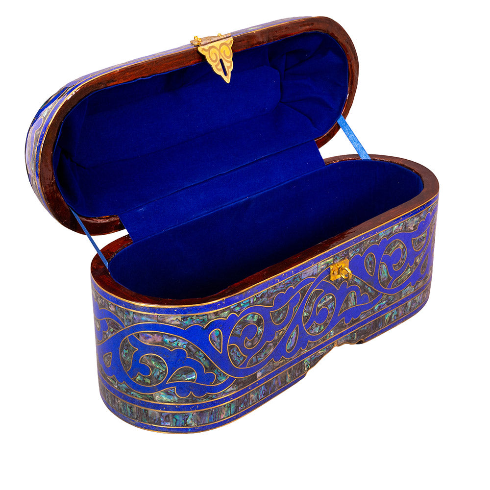 Egyptian jewelry box inlaid with jemstones lapis lazuli, blue mother of pearl  and brass made in egypt