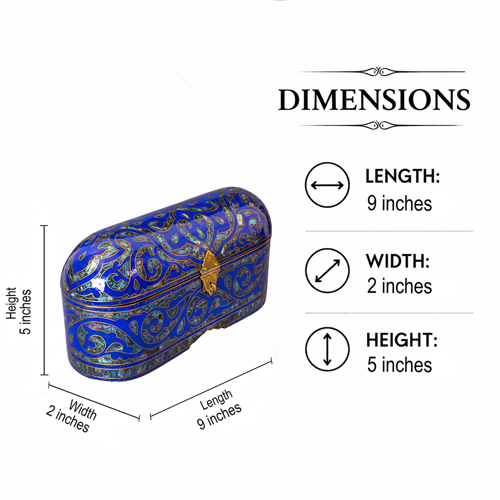 Egyptian jewelry box inlaid with jemstones lapis lazuli, blue mother of pearl  and brass made in egypt