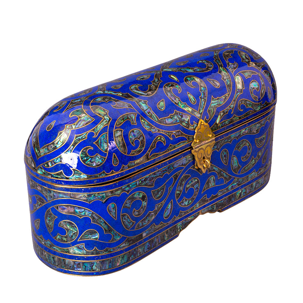 Egyptian jewelry box inlaid with jemstones lapis lazuli, blue mother of pearl  and brass made in egypt