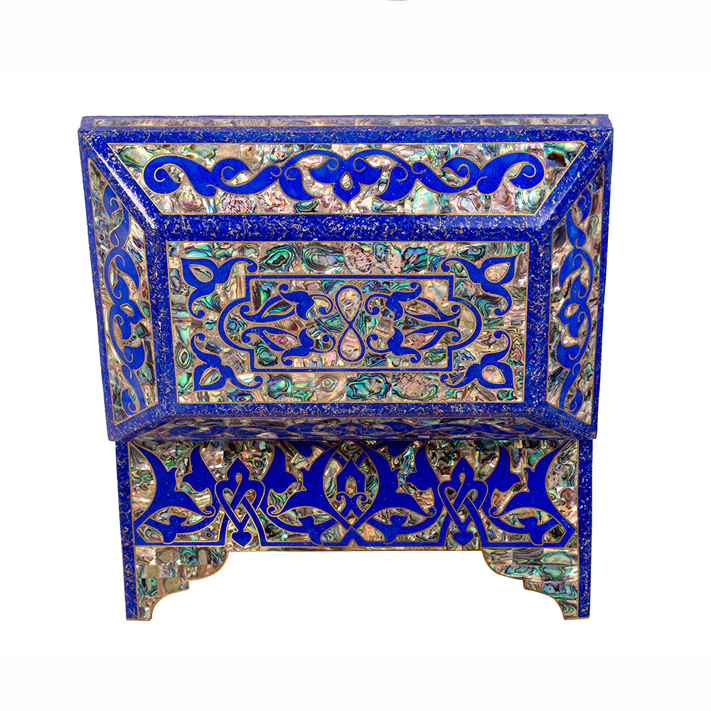 Egyptian jewelry box inlaid with jemstones lapis lazuli, blue mother of pearl  and brass made in egypt