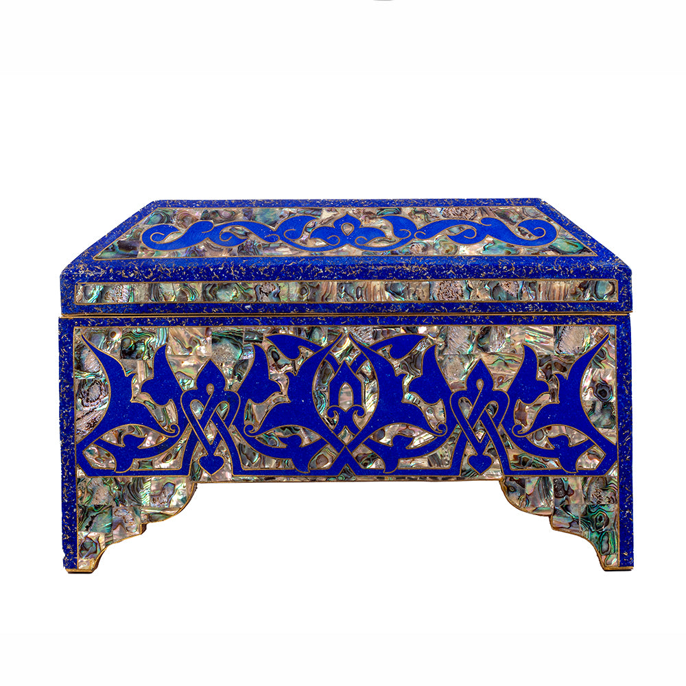 Egyptian jewelry box inlaid with jemstones lapis lazuli, blue mother of pearl  and brass made in egypt