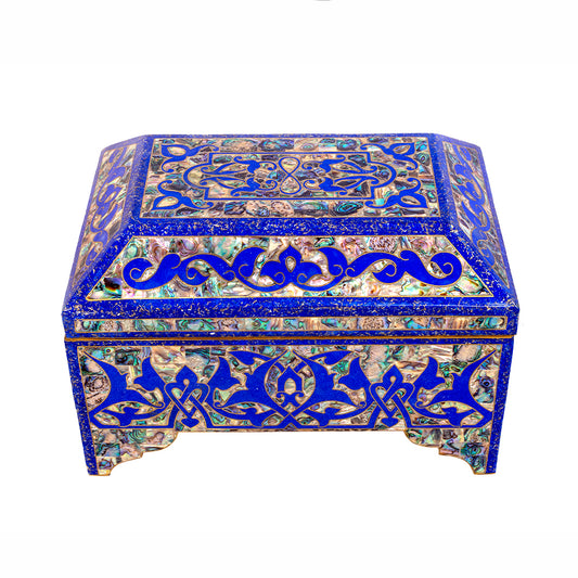 Egyptian jewelry box inlaid with jemstones lapis lazuli, blue mother of pearl  and brass made in egypt