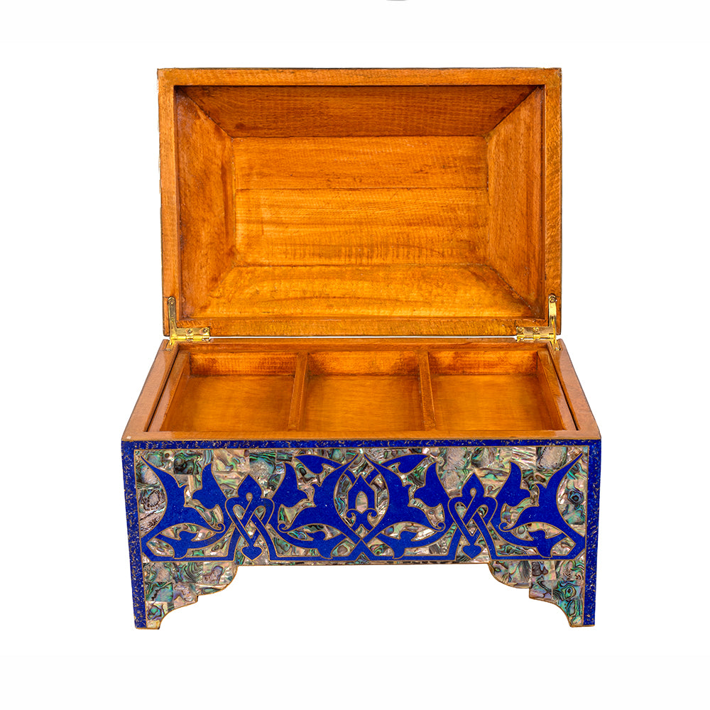 Egyptian jewelry box inlaid with jemstones lapis lazuli, blue mother of pearl  and brass made in egypt