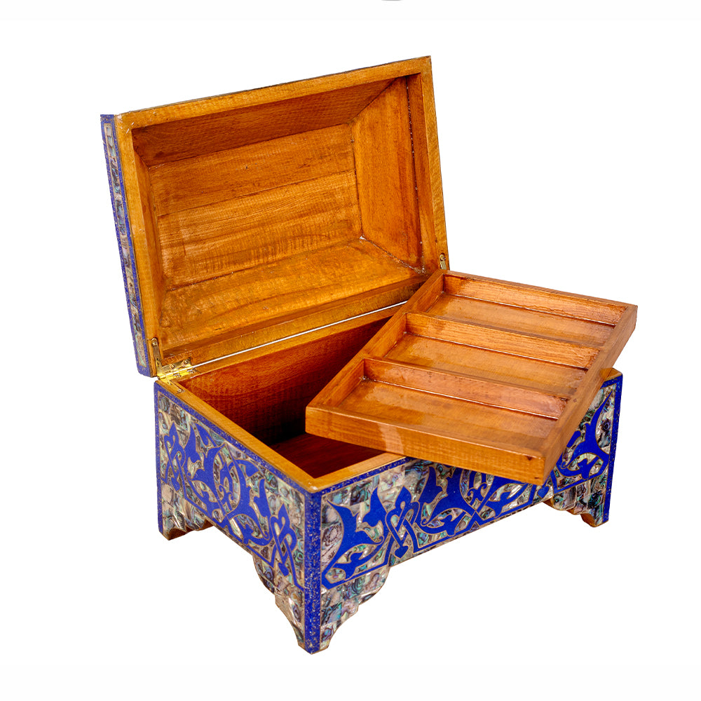 Egyptian jewelry box inlaid with jemstones lapis lazuli, blue mother of pearl  and brass made in egypt