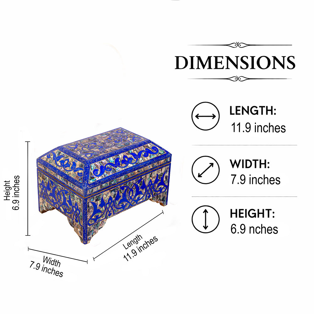 Egyptian jewelry box inlaid with jemstones lapis lazuli, blue mother of pearl  and brass made in egypt