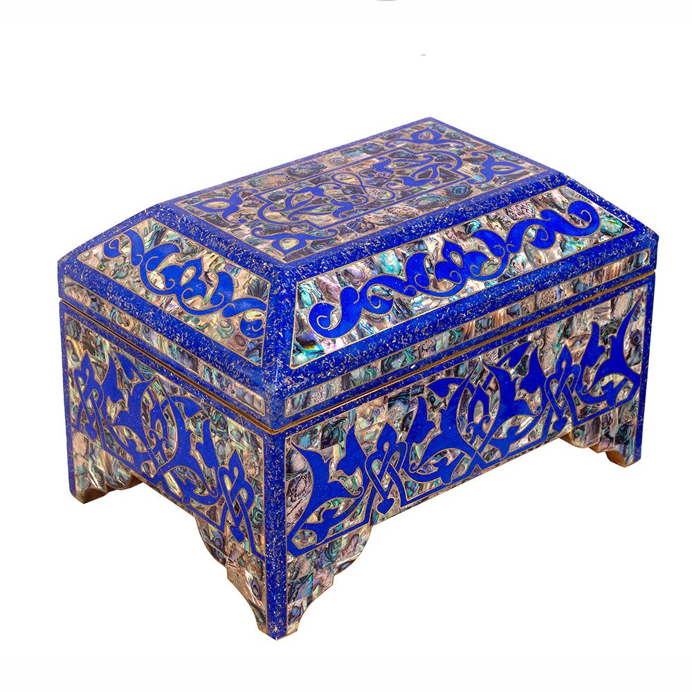 Egyptian jewelry box inlaid with jemstones lapis lazuli, blue mother of pearl  and brass made in egypt