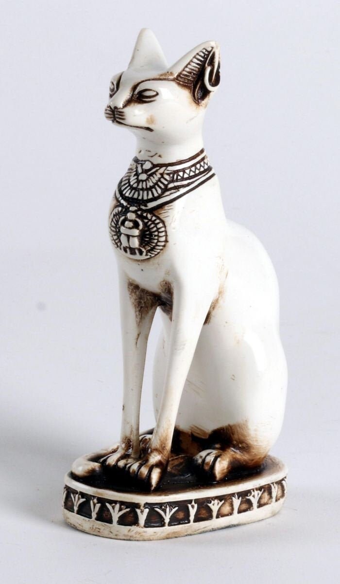 Egyptian Cat Goddess Bastet with Earrings Statue, 8 Inch, Polyresin, White