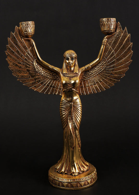 Egyptian Goddess Isis open wings candleholder decorative with gold leaf hand Paint