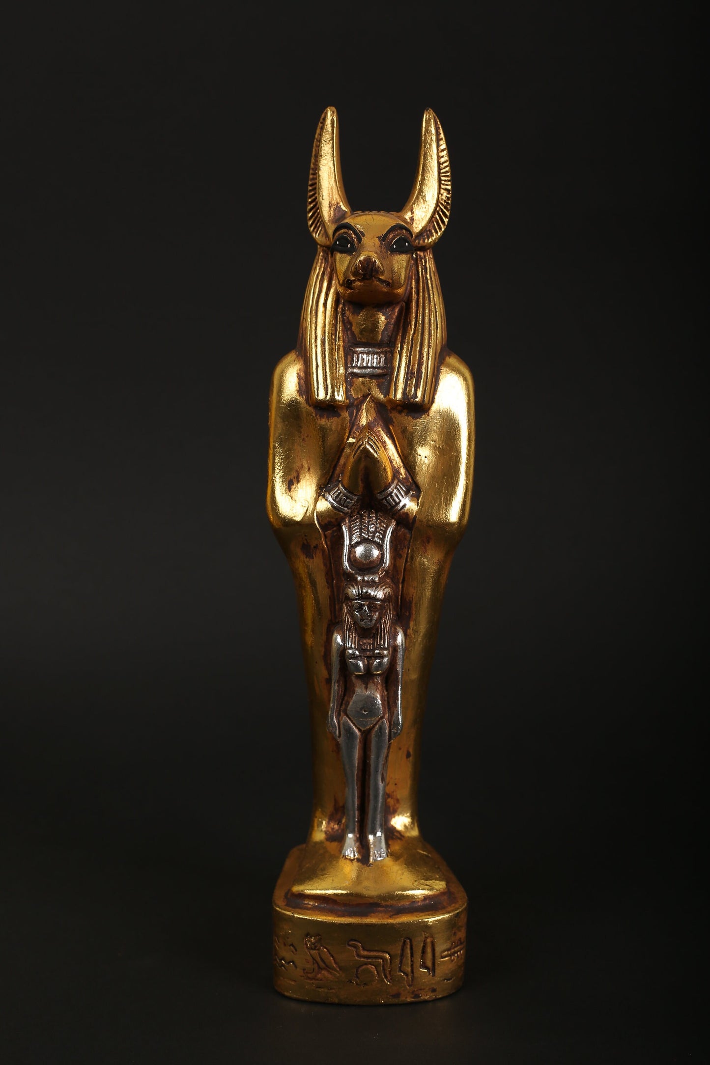 Statue of Anubis with Isis made of heavy stone with gold and silver leaf hand Paint