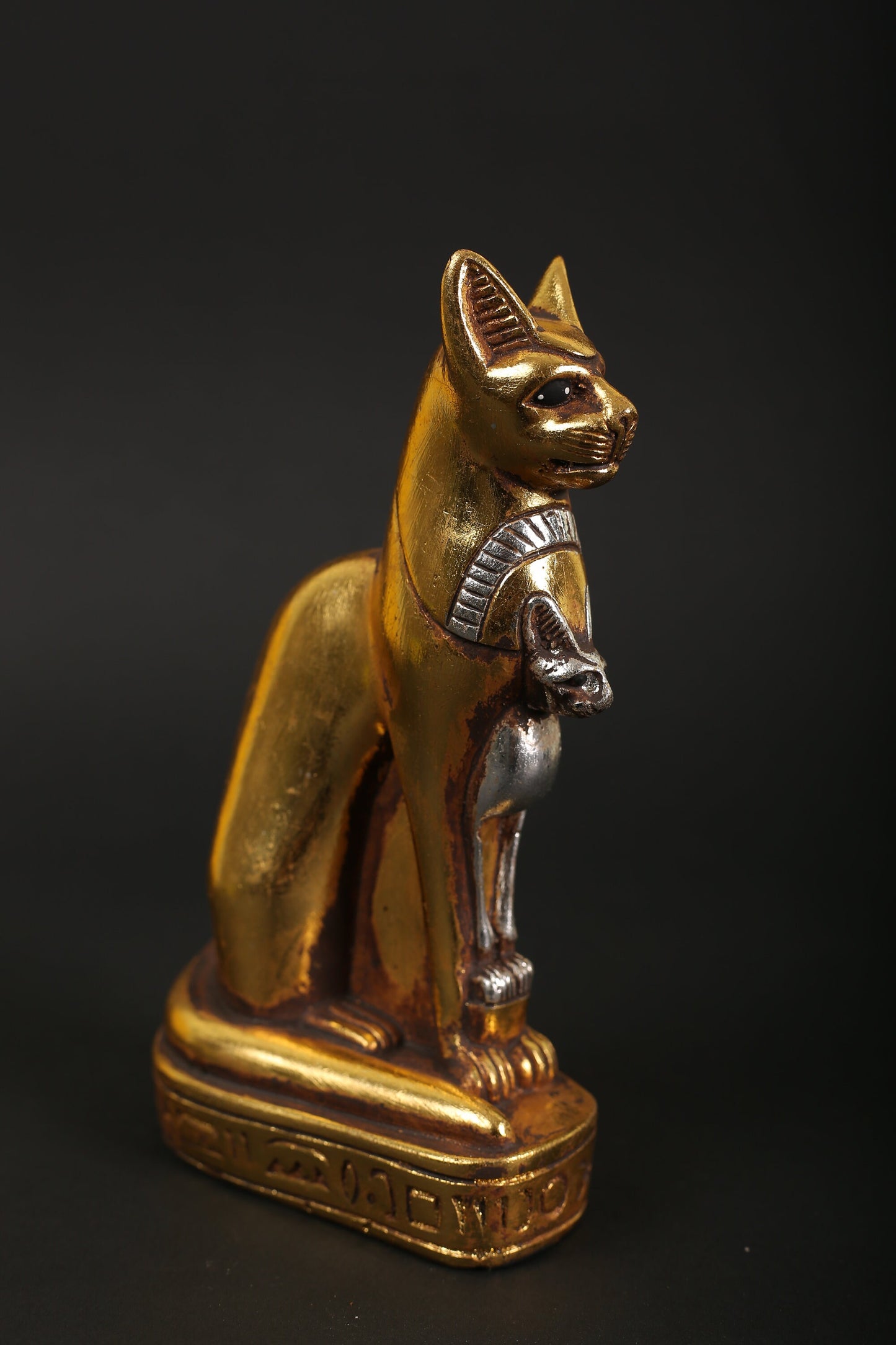 Statue of Egyptian Goddess Bastet cat made of stone with gold and silver leaf hand Paint