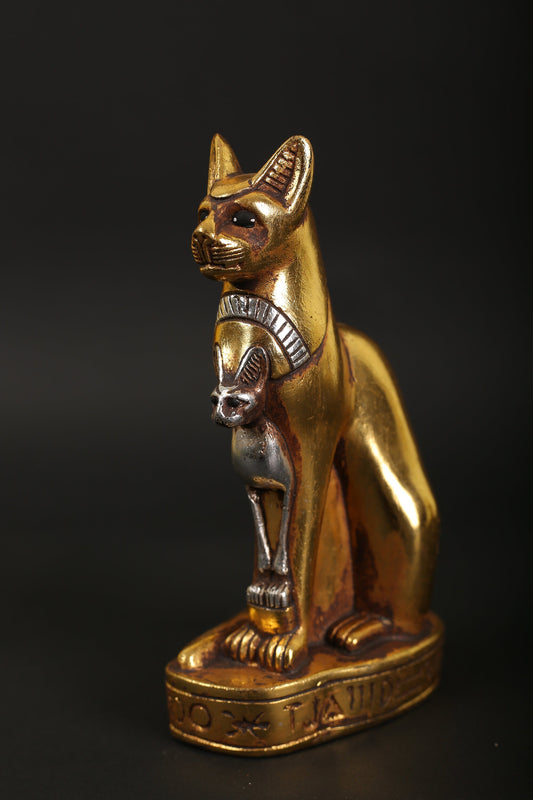 Statue of Egyptian Goddess Bastet cat made of stone with gold and silver leaf hand Paint