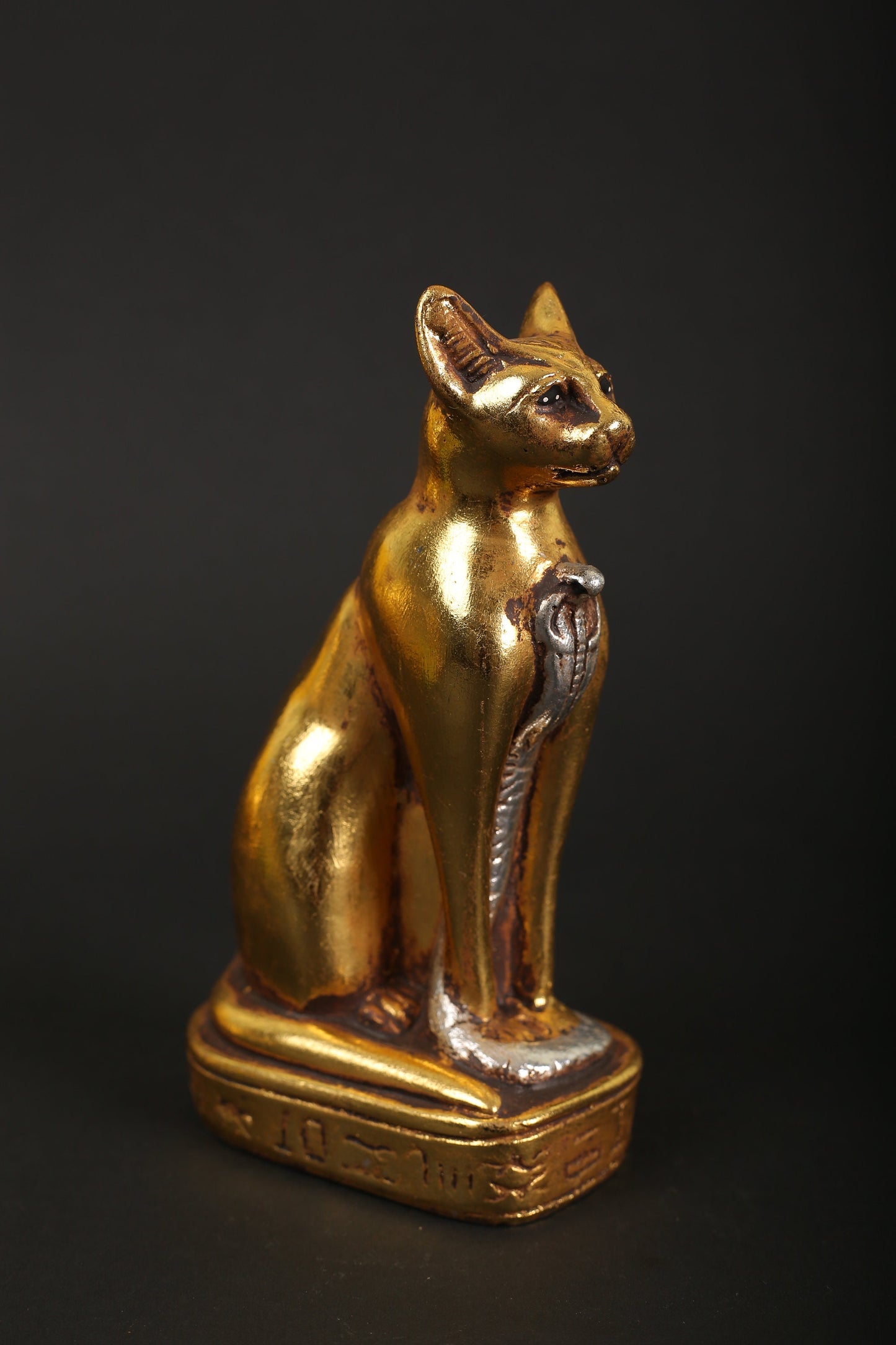 Statue of Egyptian Goddess Bastet Cat made of stone with gold and silver leaf hand Pain