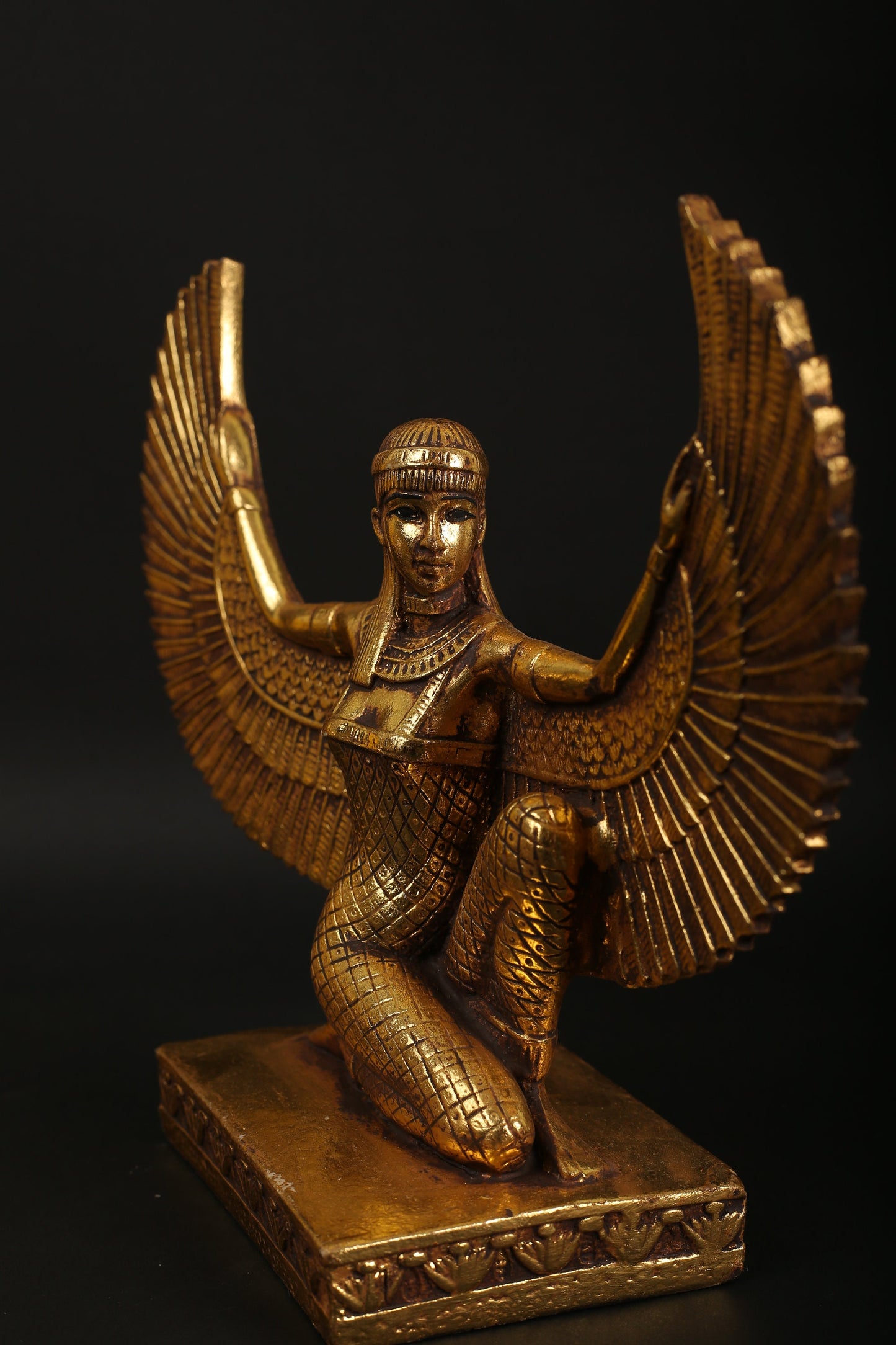 Statue of Egyptian Goddess Isis open wings made of polystone with gold leaf hand Paint