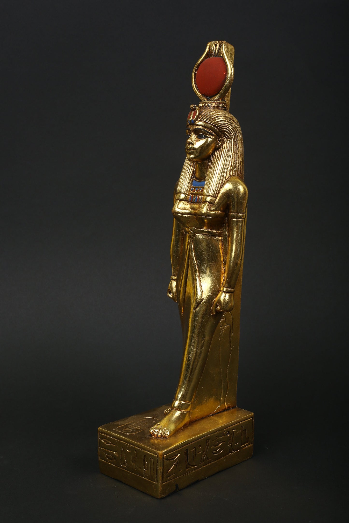 Statue of Egyption antique art Goddess Isis heavy stone with gold leaf hand made in Egypt