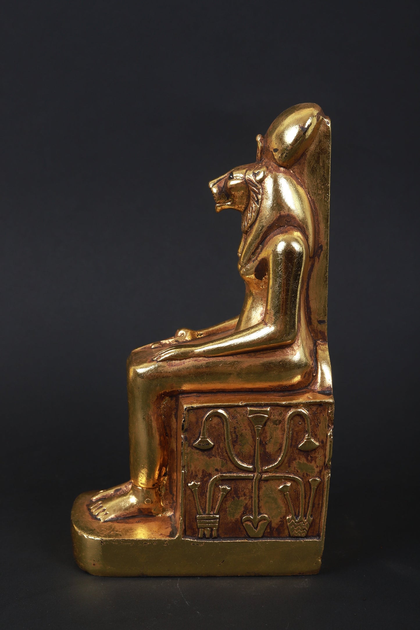 Statue of Seated  Sekhmet Ancient Egypt made of polystone with gold leaf hand Paint