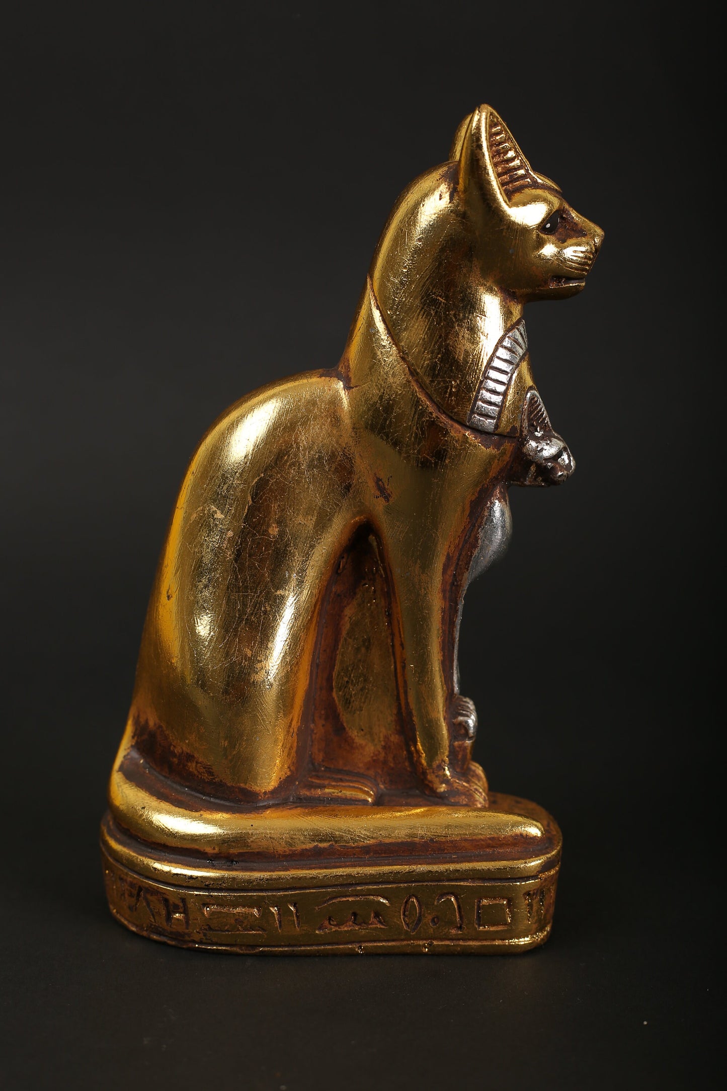 Statue of Egyptian Goddess Bastet cat made of stone with gold and silver leaf hand Paint